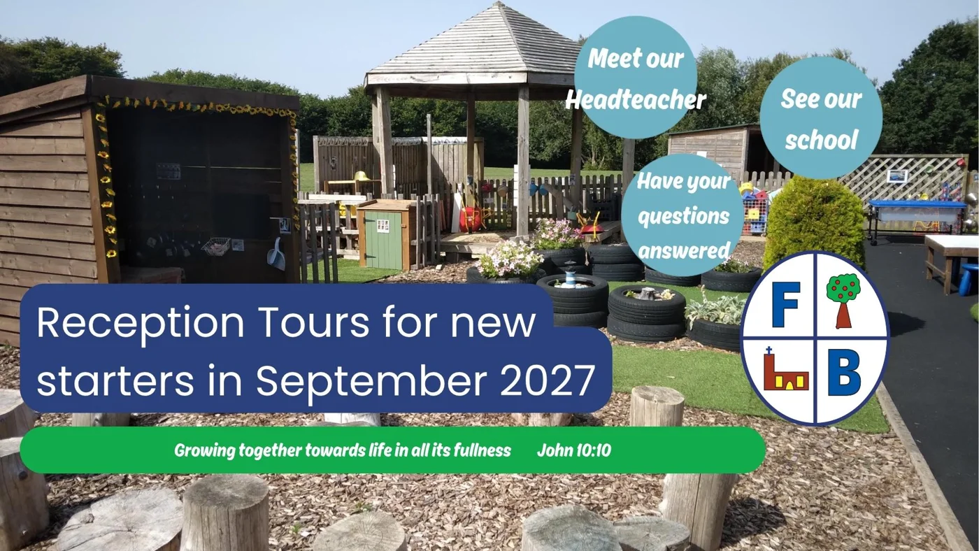 The school's outdoor early years area with a wooden gazebo, log seats, planters made from tyres and a play hut, overlaid with the words Reception Tours for new starters in September 2027